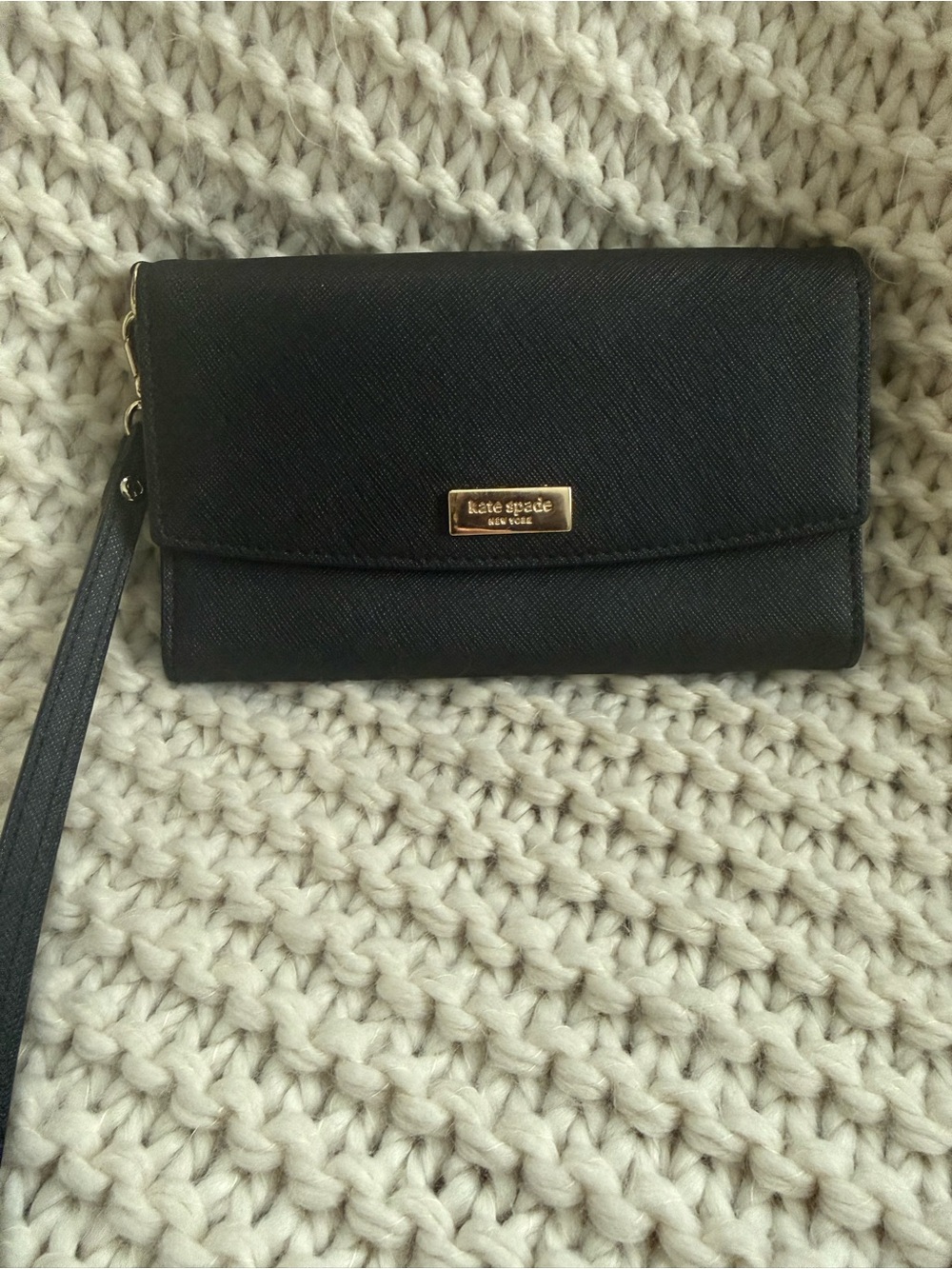 kate spade Black Saffiano Leather Wristlet Clutch with Gold Plaque